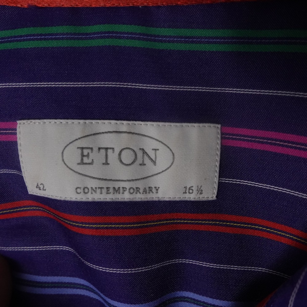 Eton Contemporary Fit Dress Shirt Mens 16.5/42 Purple Multi Color Stripe Cotton - Picture 4 of 8